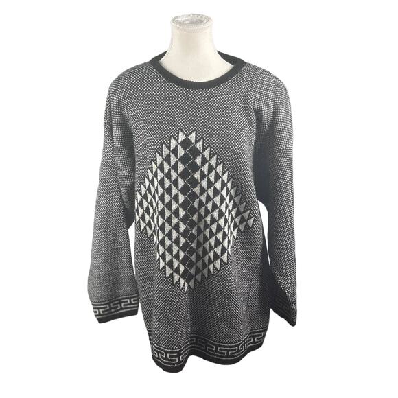 Vintage 80s Leslie Knits Silver Metallic Black Geometric Tunic Sweater Sz M/L - Picture 1 of 11